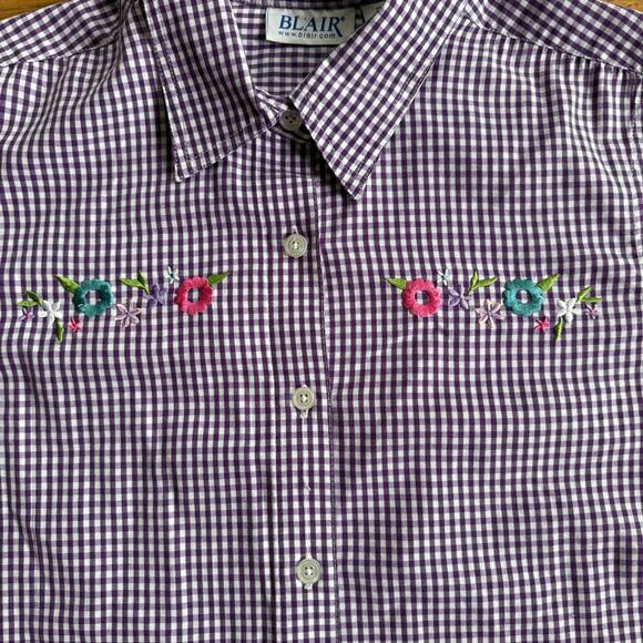 Blair Womens Boxy Button Up Gingham Embroidery Cropped SZ L - Picture 2 of 7